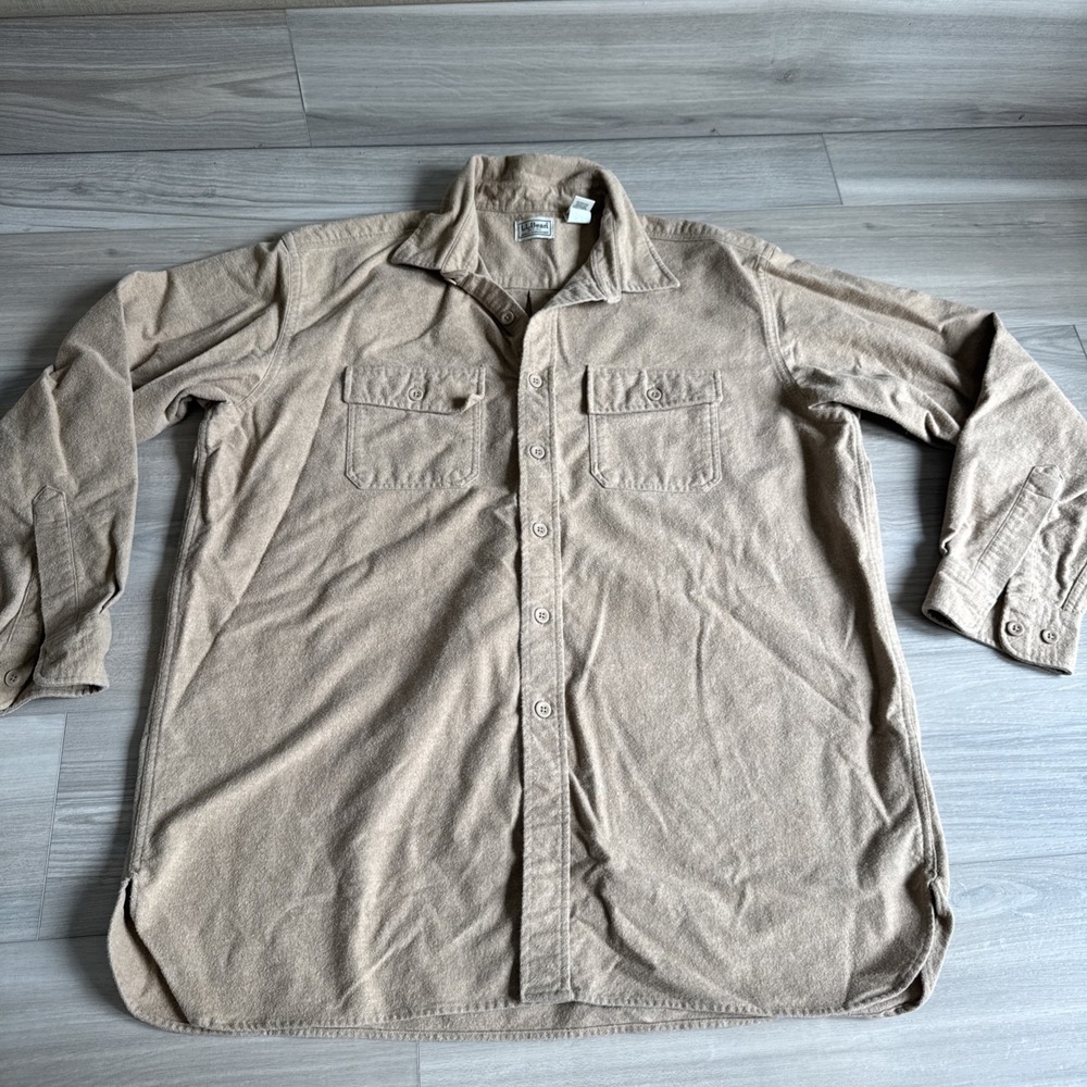 Vintage L.L.Bean Men's XL 100% Cotton Button Up Chamois Shirt Jacket Tan Beige
